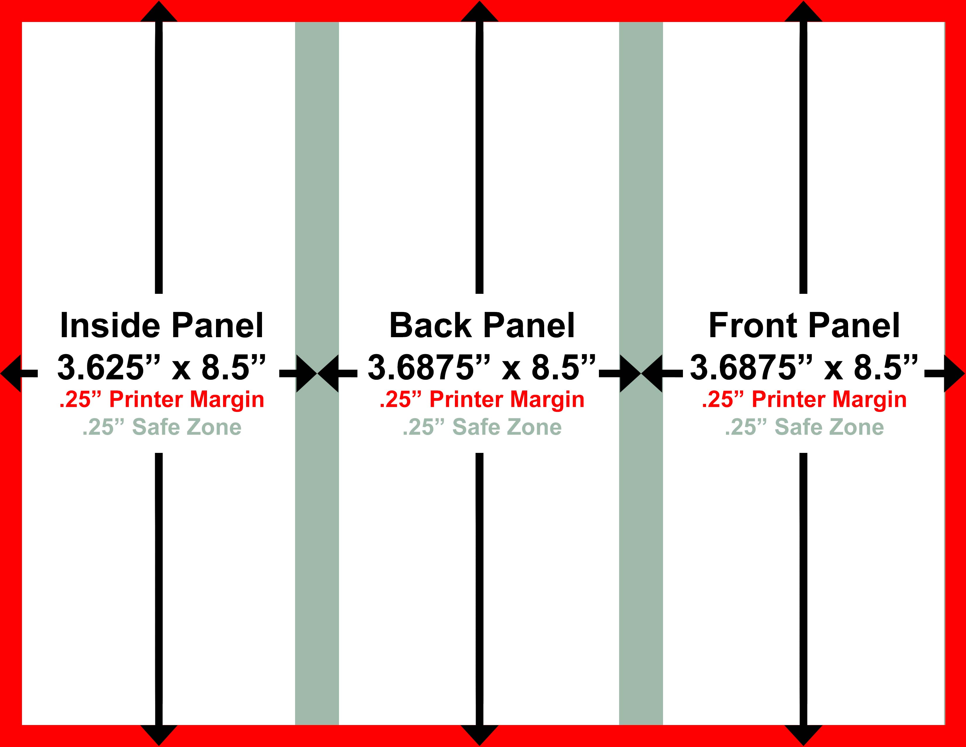 Outside panel dimensions for tri-fold brochure, non-bleed