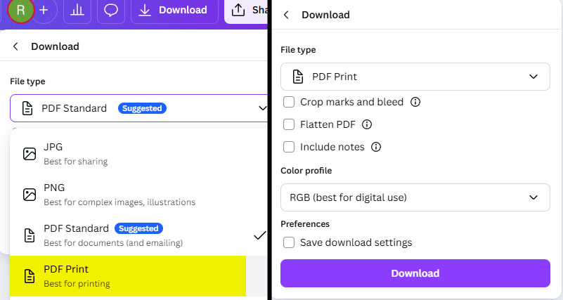 Download PDF from Canva instructions