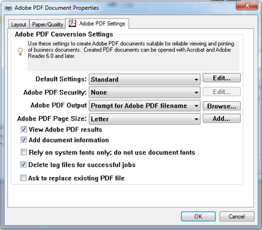 Adobe PDF standard settings