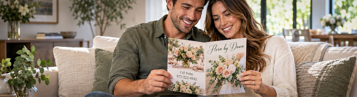 A young couple reviewing floral arrangements in a printed bi-fold brochure