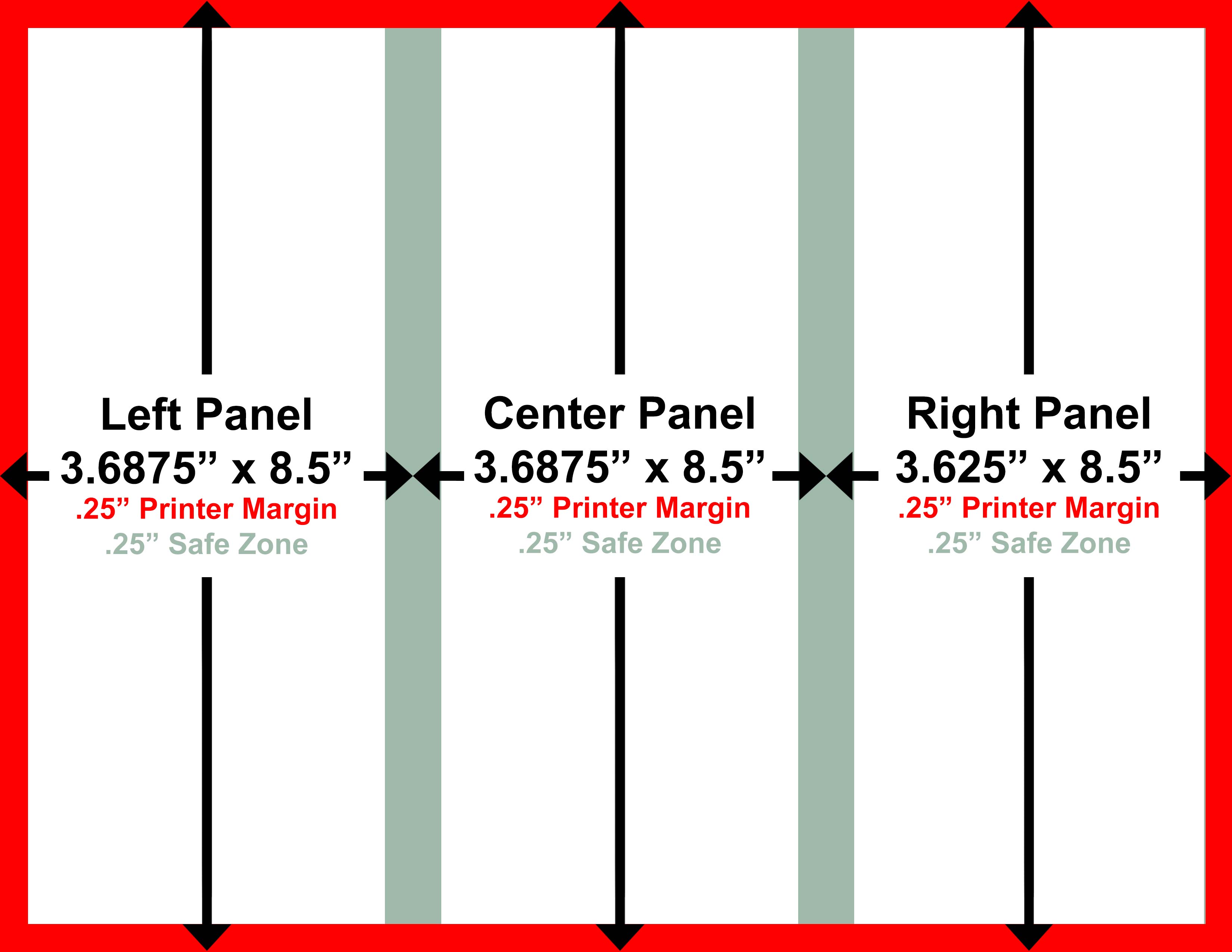 Inside panel dimensions for tri-fold brochure, non-bleed